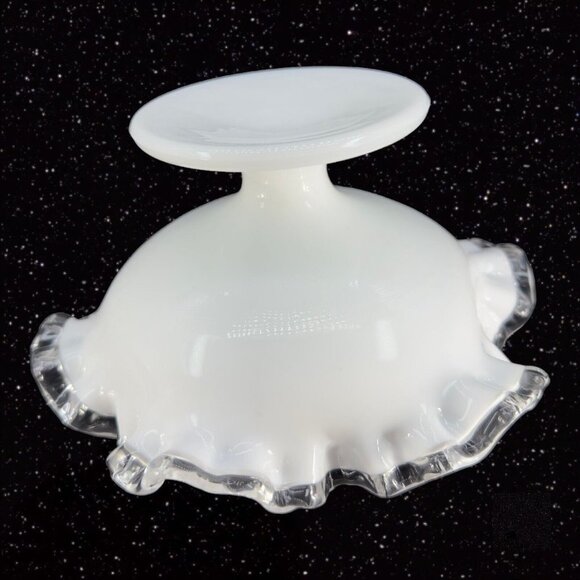 Fenton Silver Crest Footed Bowl Ruffle Edges Milk Glass Clear Edge Vintage VTG - Picture 9 of 10